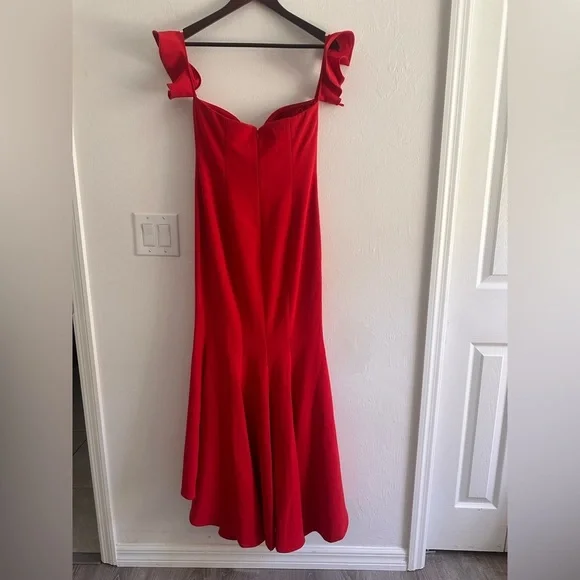 Likely Sunset Gown Drape Sleeve Ruffled Hem in Scarlet Red Sz 6 - Picture 3 of 9